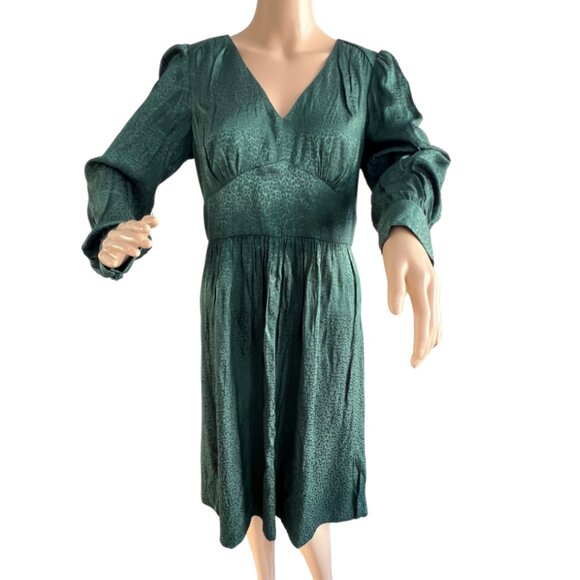 CALVIN KLEIN Pleated Midi Flare Dress / Animal Print / Green / Size 10 - Picture 3 of 6